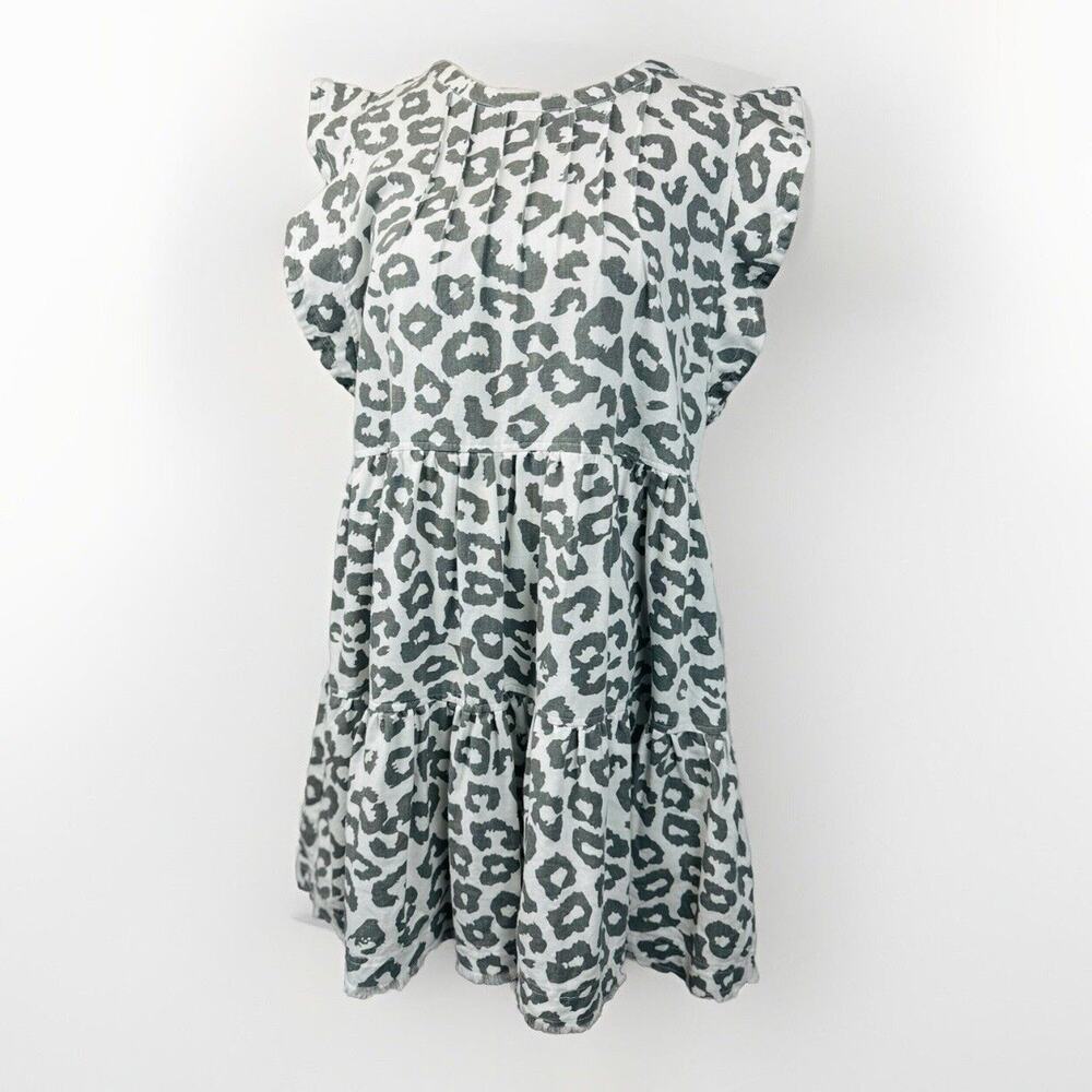 Very J Dress Linen Blend Leopard Print Gray White Size Large Flutter Sleeve